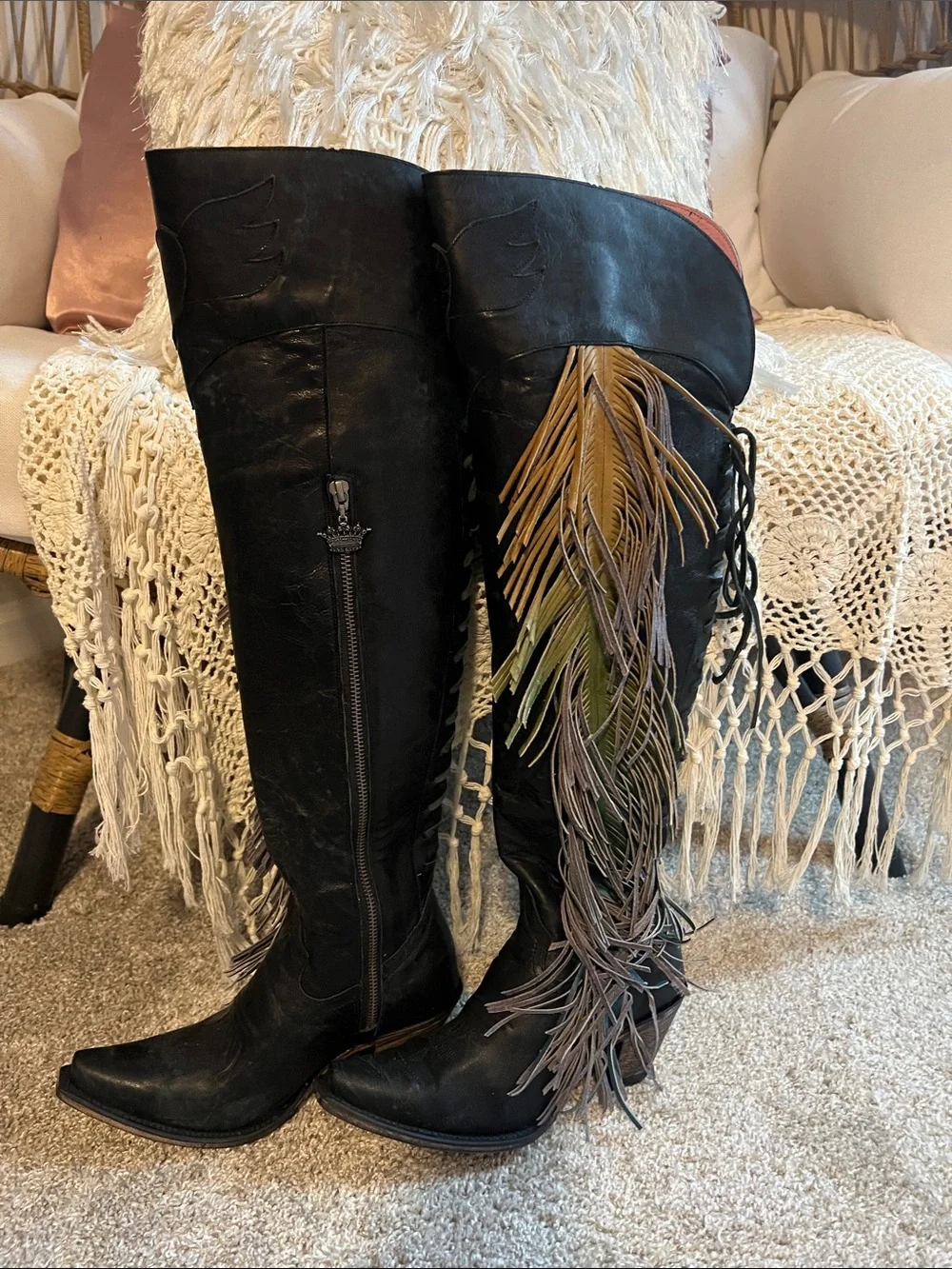 Junk Gypsy Spirit Animal Over-the-Knee Leather Boots with Ombré Fringe